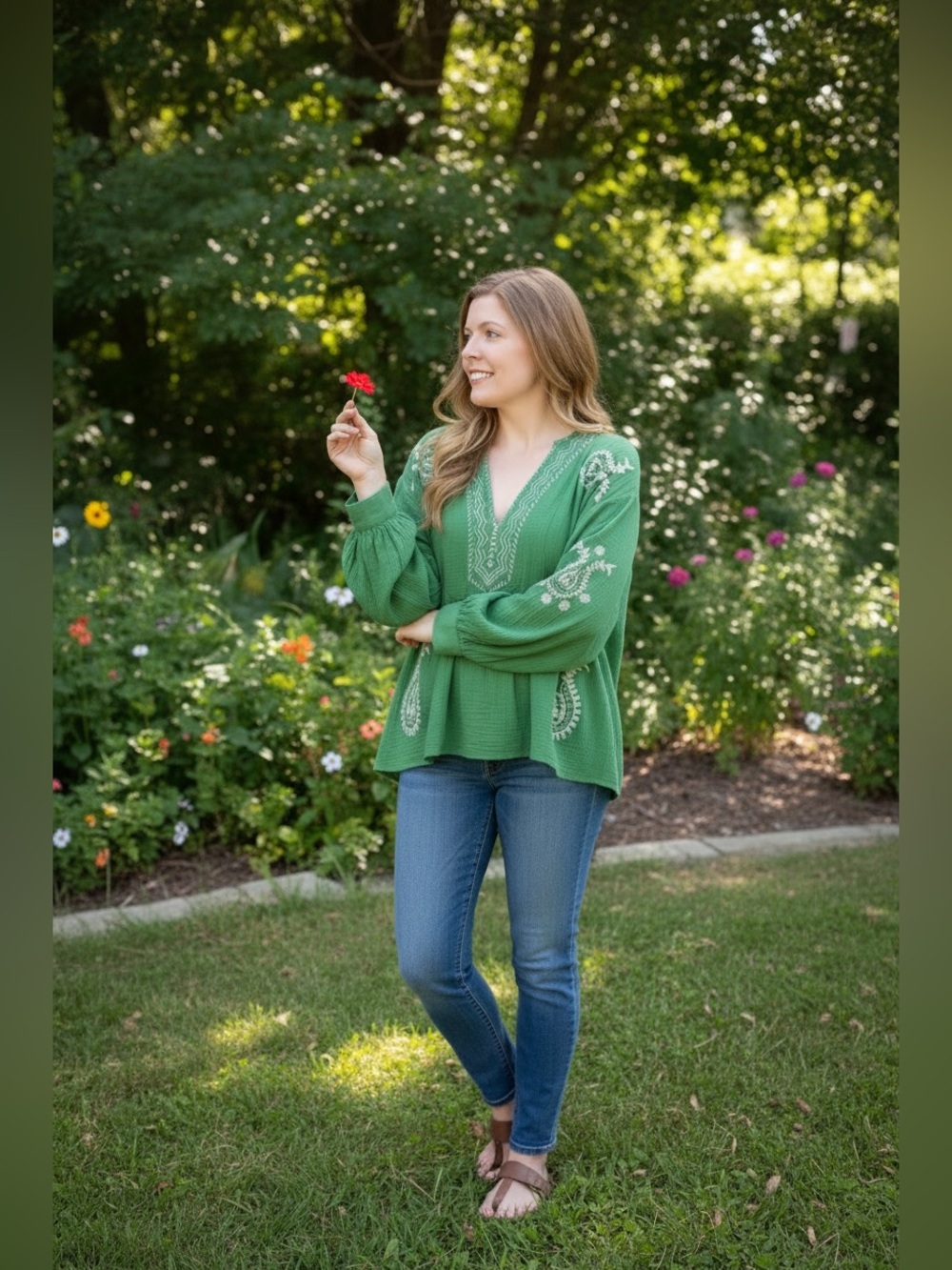 100% Cotton- Embroidered Green V-Neck Peasant Tunic